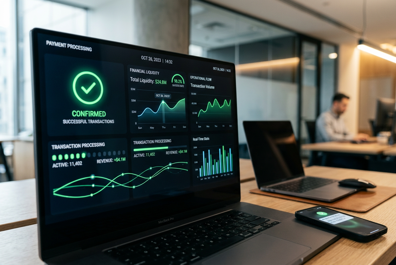 A high-tech digital dashboard showing real-time casino transaction processing and financial liquidity data.