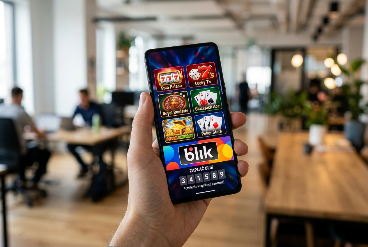 Smartphone displaying online casino apps with BLIK logo