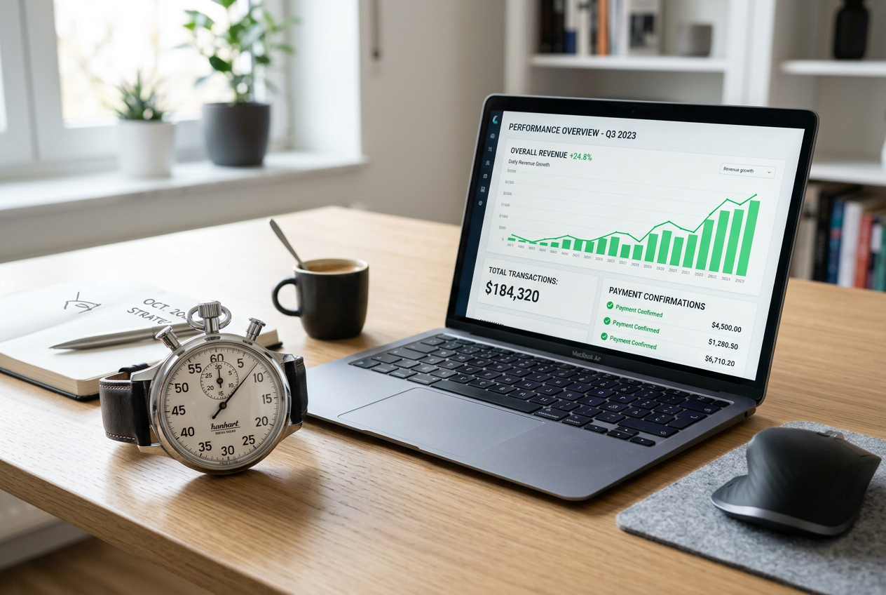 A stopwatch next to a laptop displaying fast transaction data.