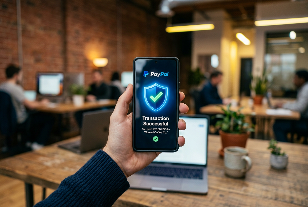 Smartphone showing a secure PayPal authentication for a digital transaction.