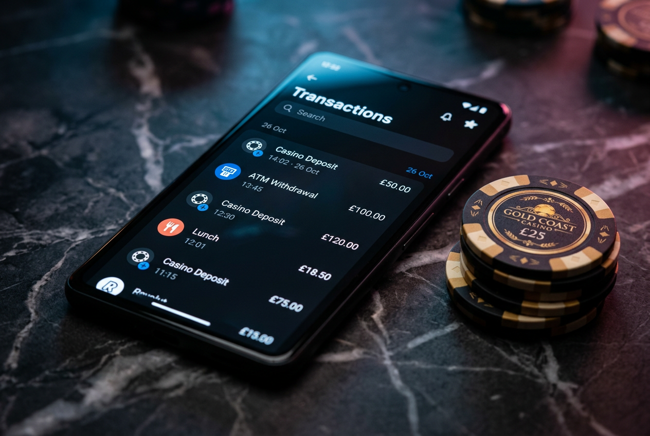 Elegancki smartfon z aplikacją bankową Revolut leżący na stole obok luksusowych żetonów.