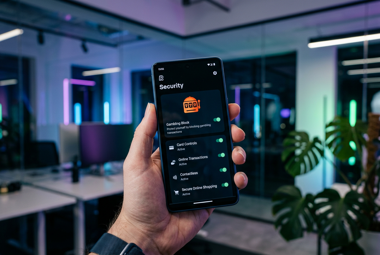Interfejs zabezpieczeń aplikacji Revolut na ekranie telefonu.