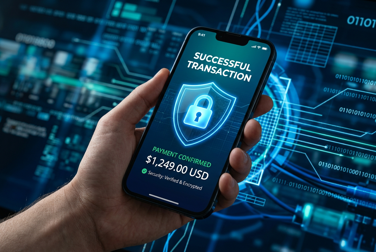 Conceptual image of a secure digital payment with a glowing shield and padlock symbols.