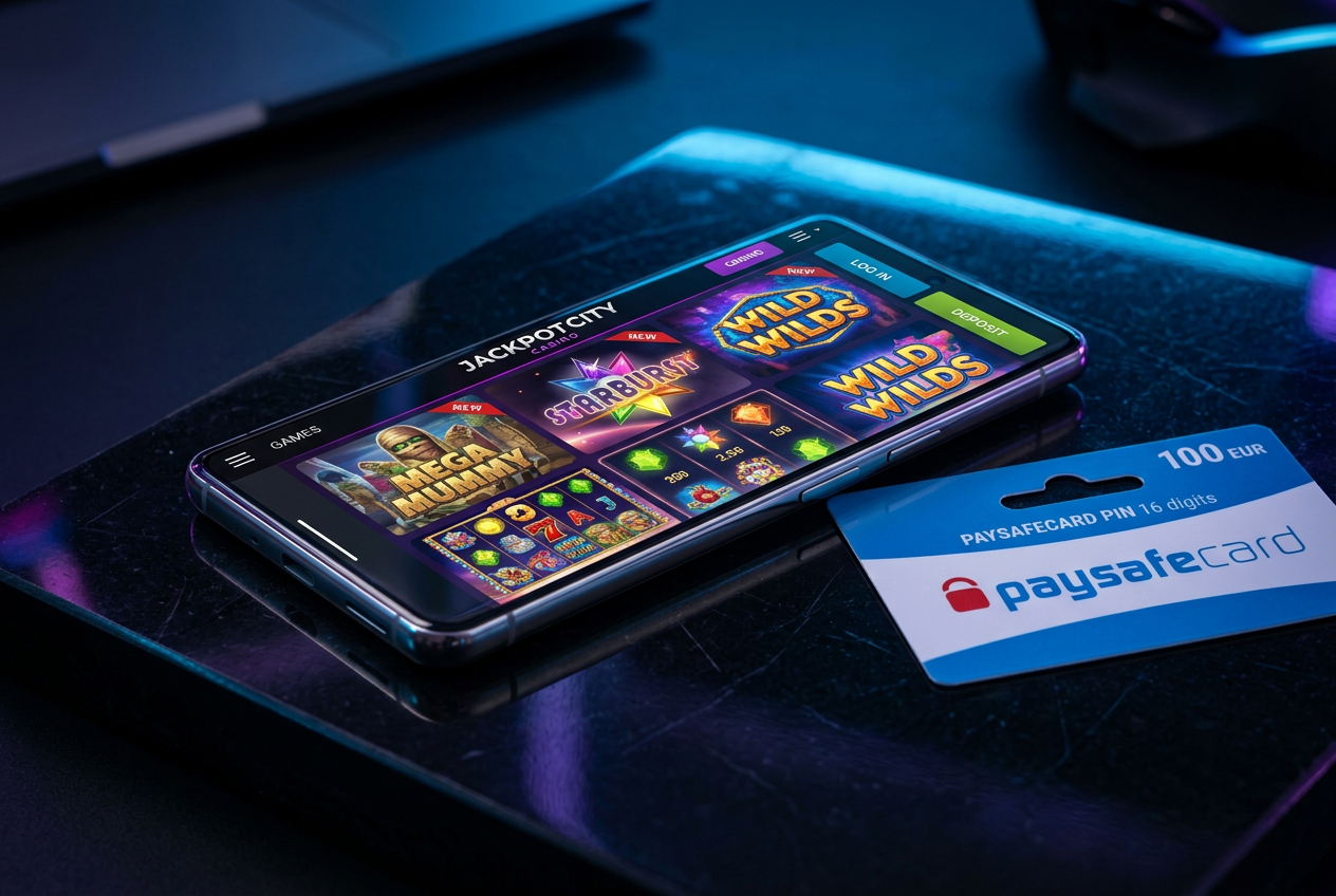 Digital Paysafecard voucher and a luxury casino interface on a smartphone screen.